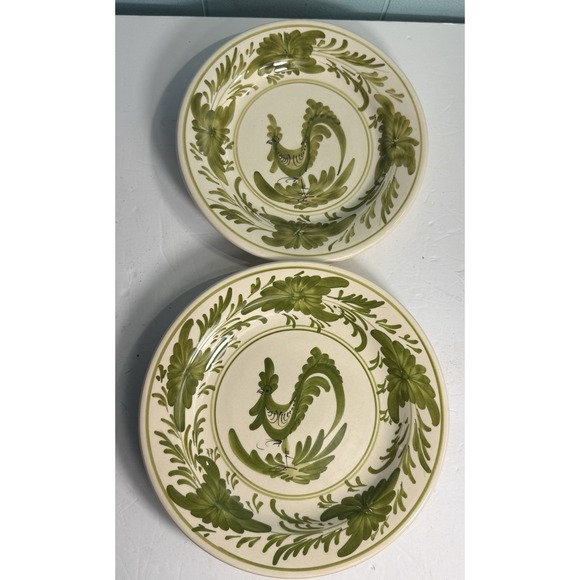 Handmade Other - IK 11" & 9.5" Hand Painted Greece Hanging Plates (2) Green Rooster Farmhouse